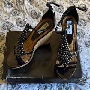 Steve Madden Black Patent Beaded Cork Wedge Sandals
